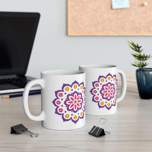 Radiant Bloom Mandala Ceramic Mug | 15oz Colorful Floral Art Coffee Cup