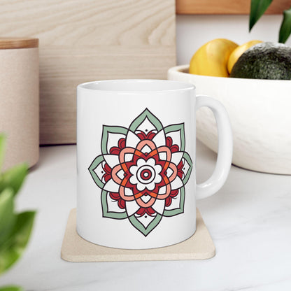 ColorFlow Mandala Ceramic Mug | 15oz Coffee Cup, Terracotta Mint Art