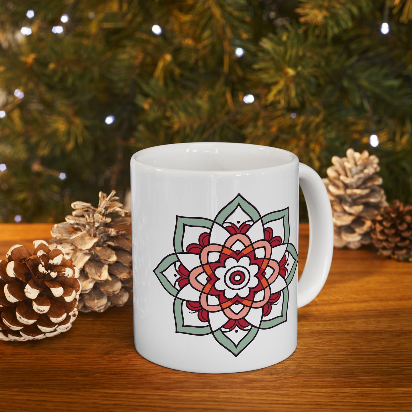 ColorFlow Mandala Ceramic Mug | 15oz Coffee Cup, Terracotta Mint Art