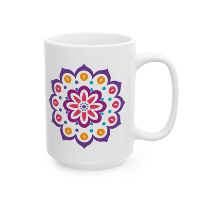 Radiant Bloom Mandala Ceramic Mug | 15oz Colorful Floral Art Coffee Cup