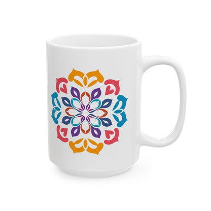 Vibrant Mandala Art Ceramic Mug | 15oz Coffee Cup | Colorful Artistic Design