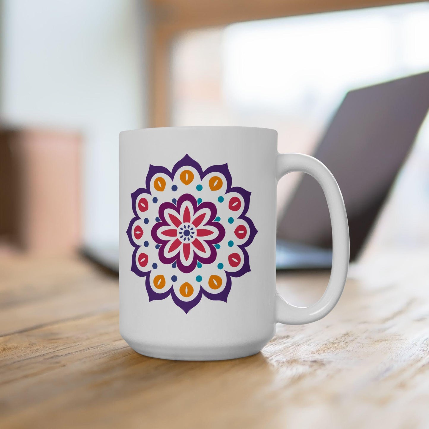 Radiant Bloom Mandala Ceramic Mug | 15oz Colorful Floral Art Coffee Cup