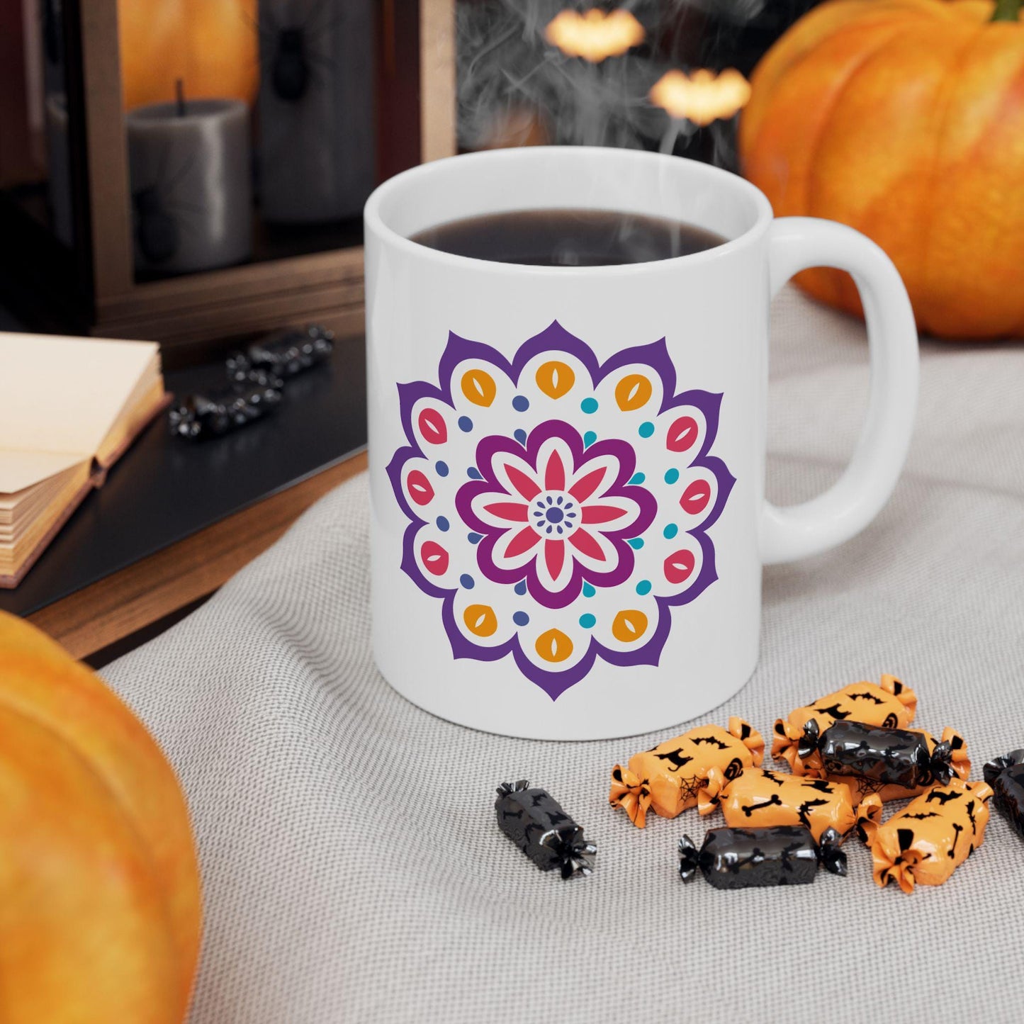 Radiant Bloom Mandala Ceramic Mug | 15oz Colorful Floral Art Coffee Cup