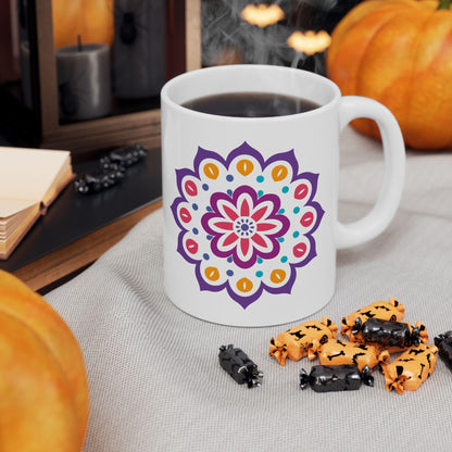 Radiant Bloom Mandala Ceramic Mug | 15oz Colorful Floral Art Coffee Cup