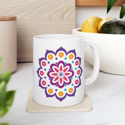 Radiant Bloom Mandala Ceramic Mug | 15oz Colorful Floral Art Coffee Cup