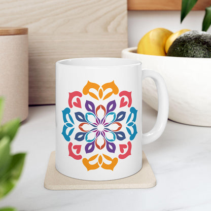 Vibrant Mandala Art Ceramic Mug | 15oz Coffee Cup | Colorful Artistic Design