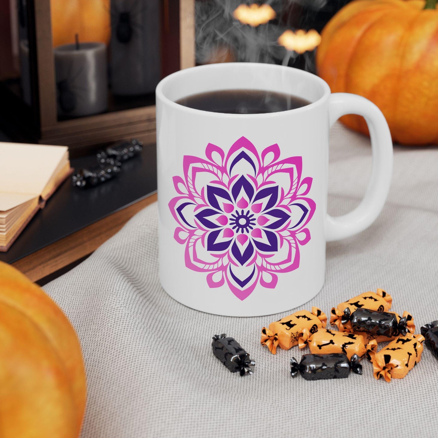 Pink Lotus Mandala Ceramic Mug | 15oz Coffee Cup | Feminine Floral Art