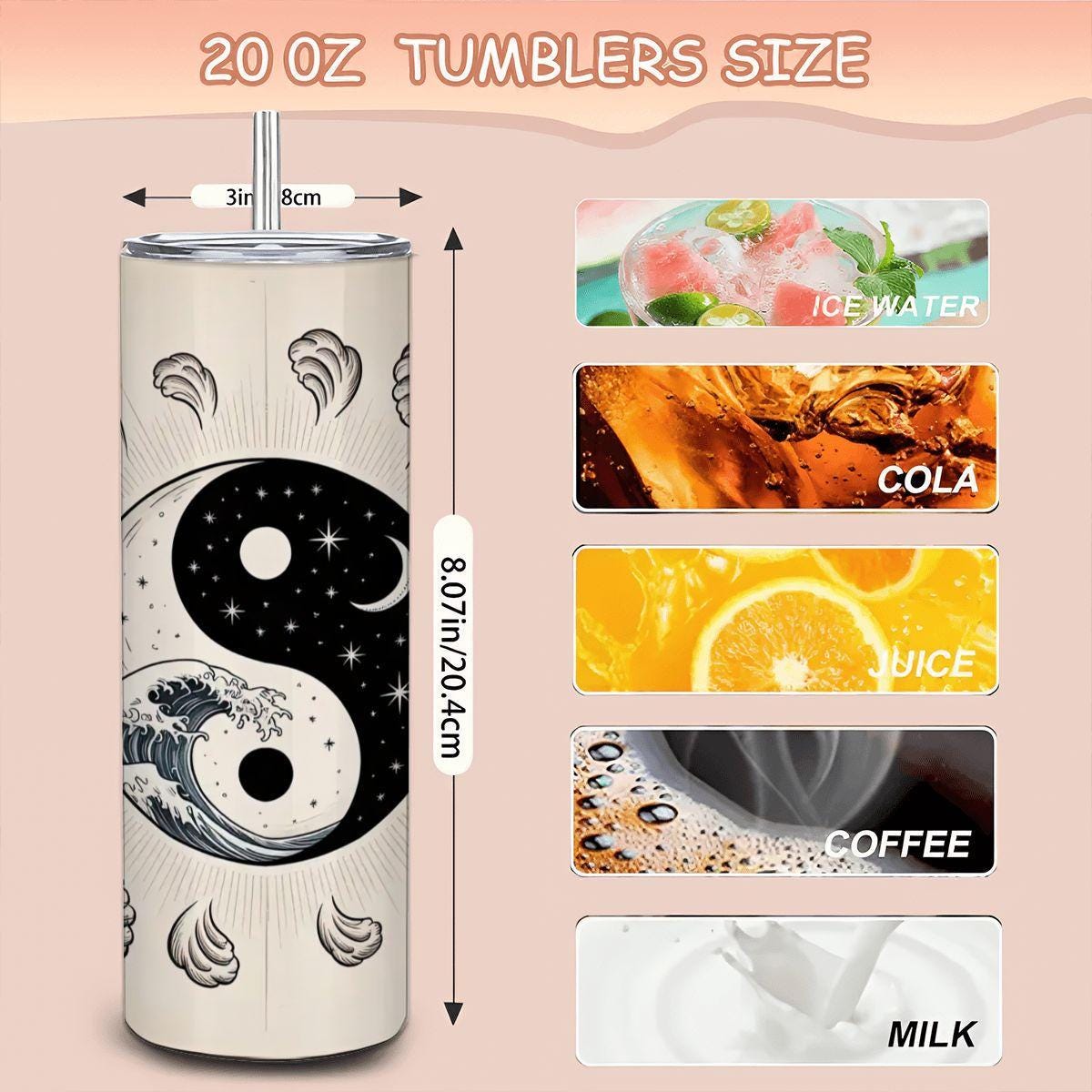 20oz Straight Stainless Steel Tumbler with Straw（Made in USA)